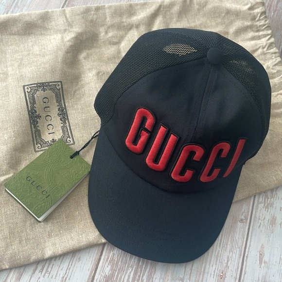 $795 New Authentic GUCCI Embroidered Logo Baseball Cap Black, Red Logo sz Large - Picture 3 of 15